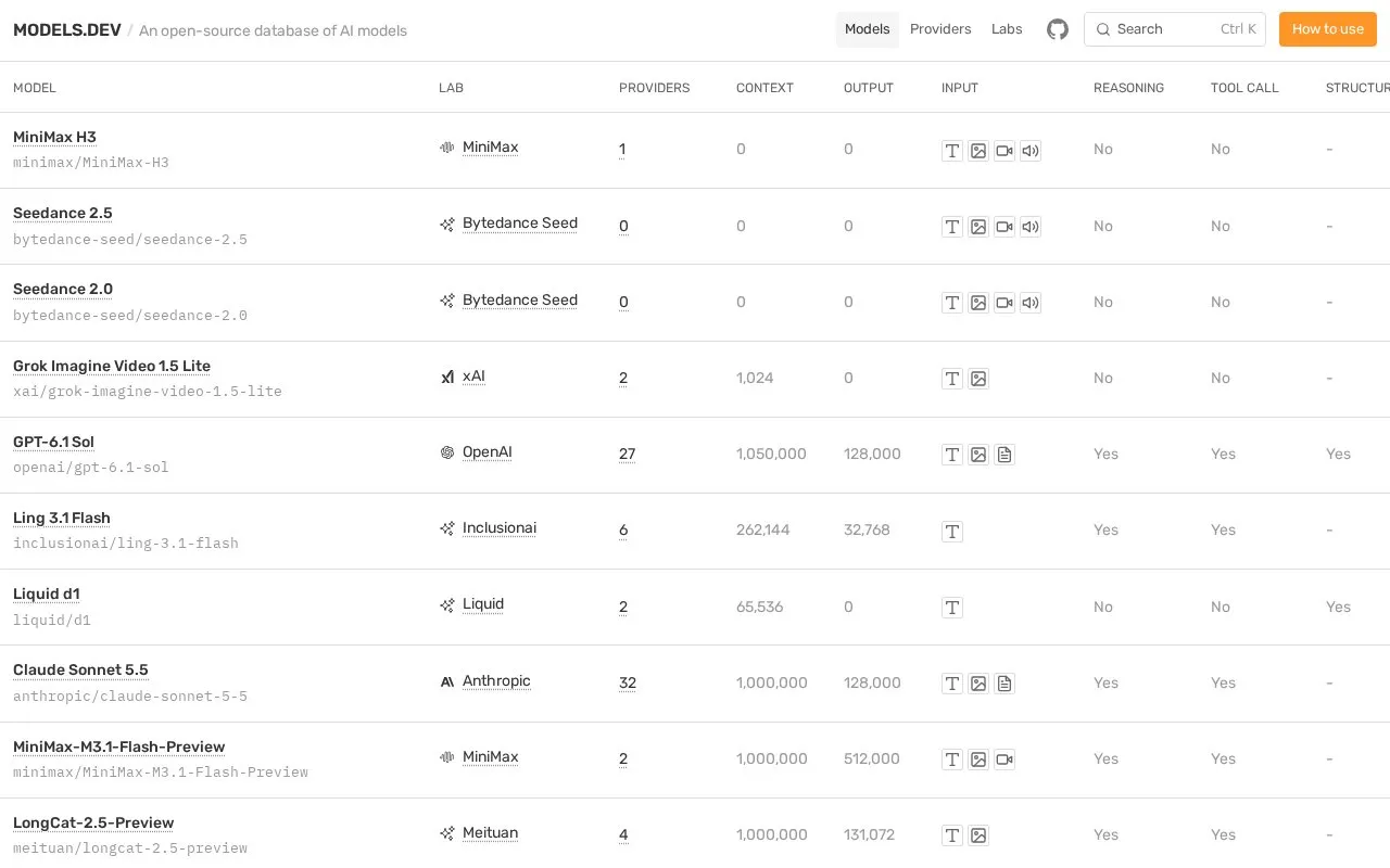Models.dev homepage screenshot