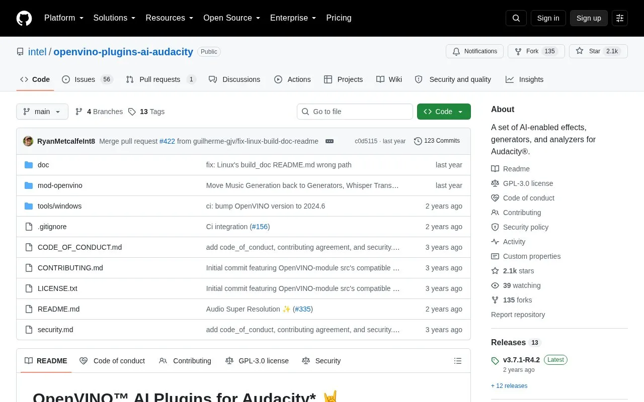Openvino Plugins AI Audacity homepage screenshot