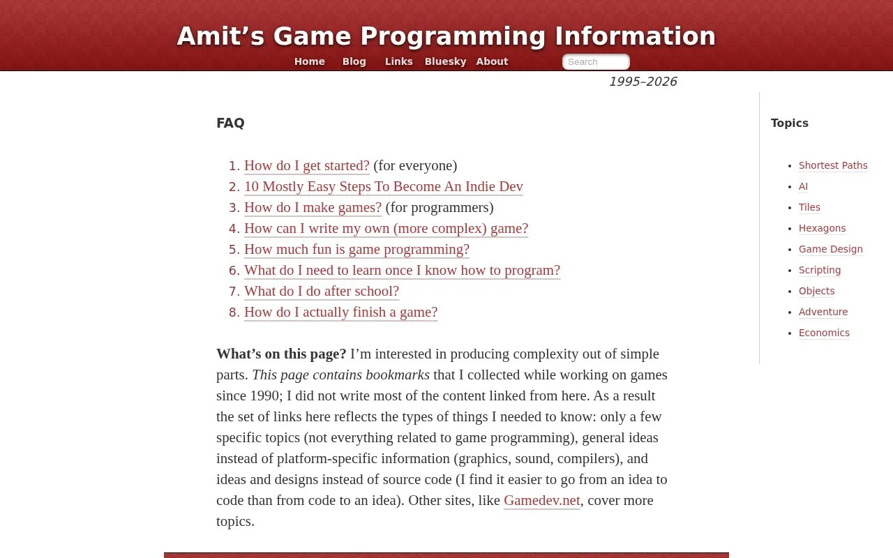 Amit’s Game Programming homepage screenshot