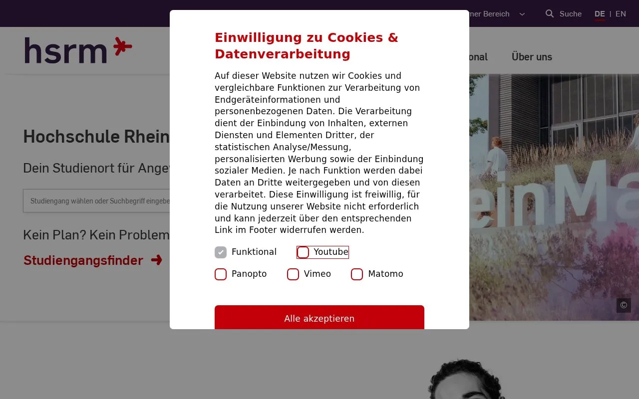 Hochschule RheinMain homepage screenshot