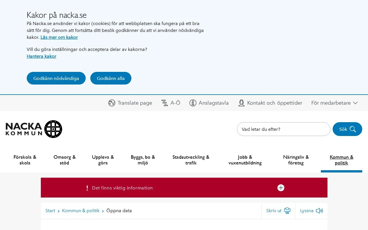 Nacka Municipality Open Data portal homepage screenshot