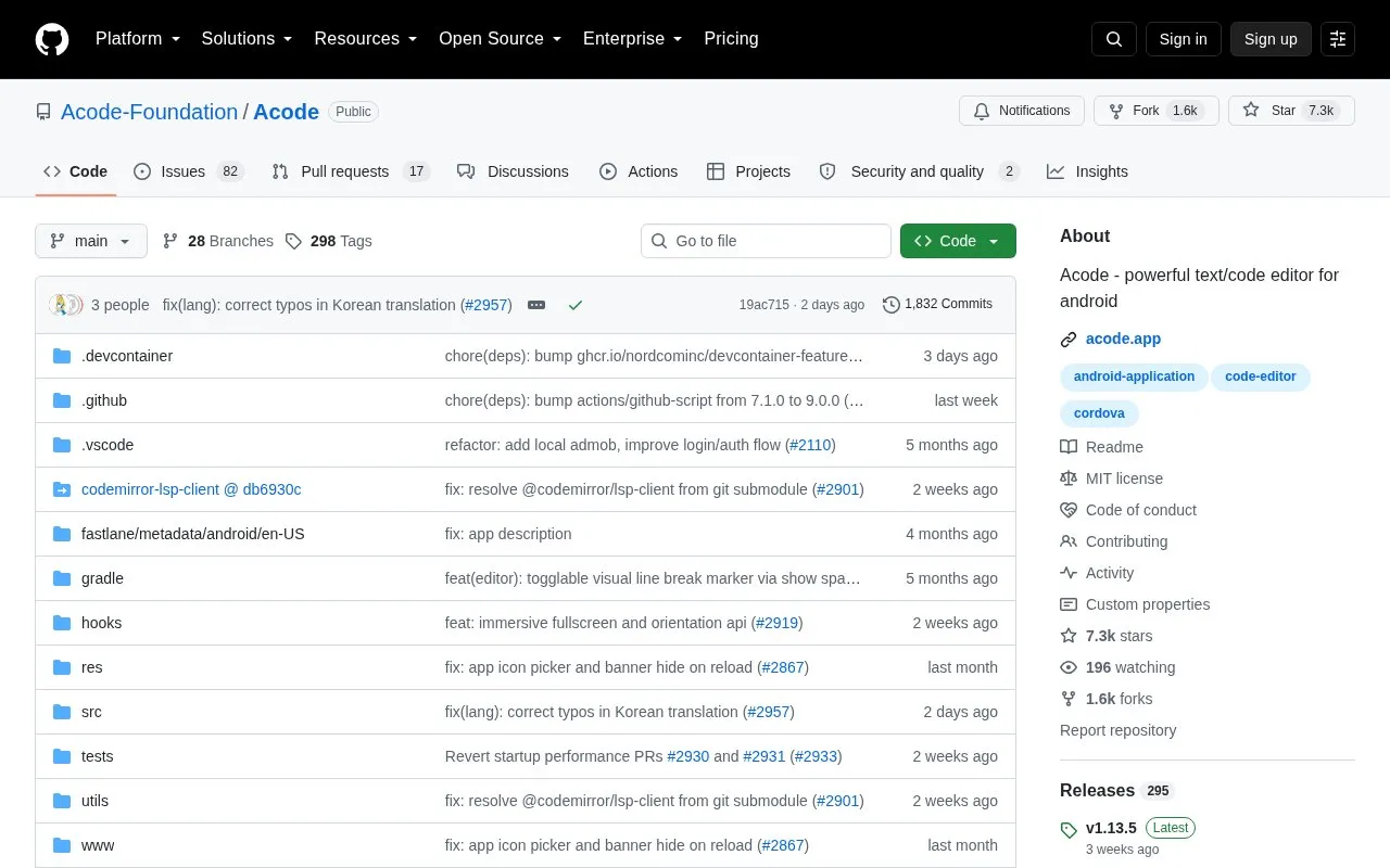 Acode homepage screenshot