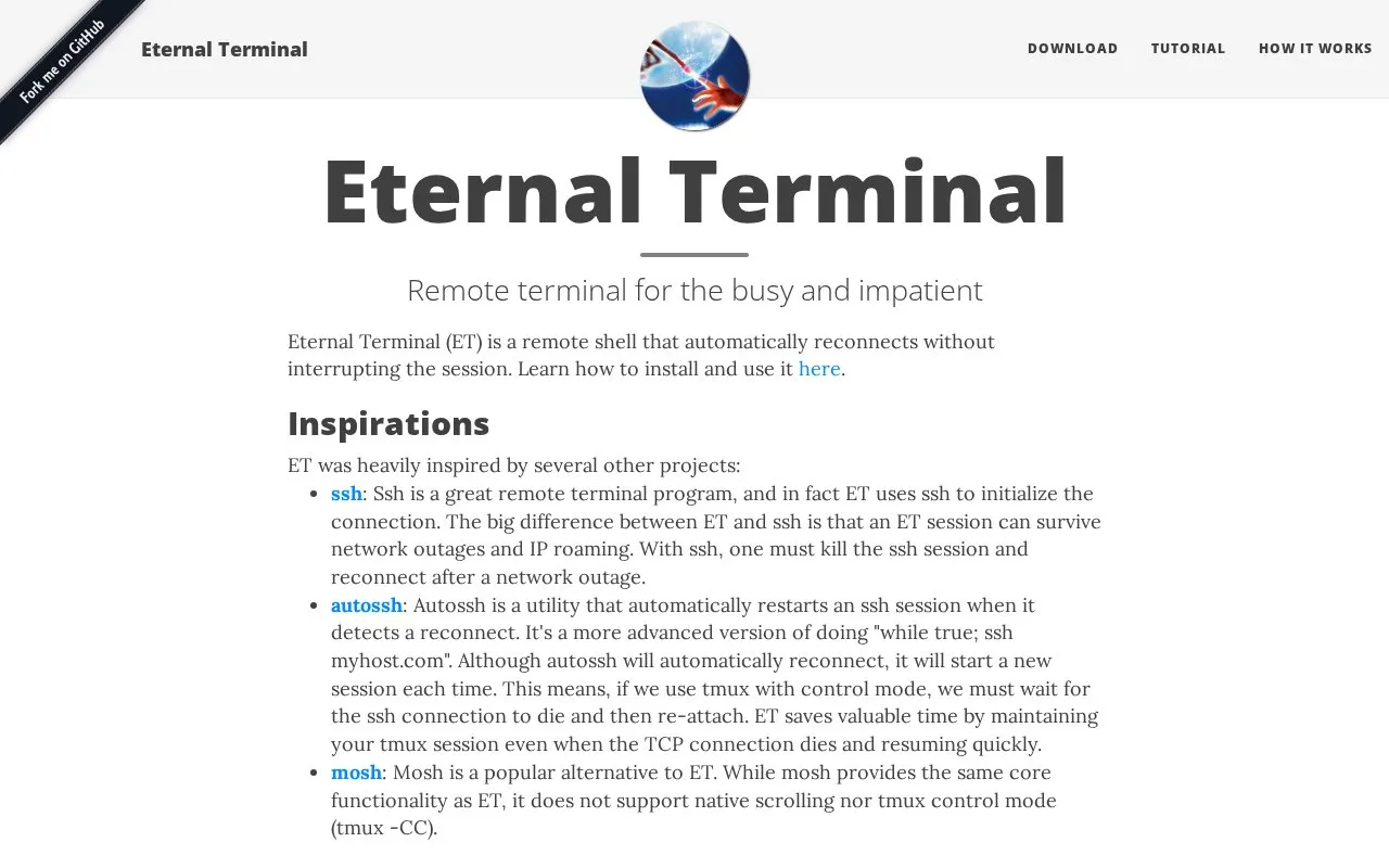 Eternal Terminal homepage screenshot