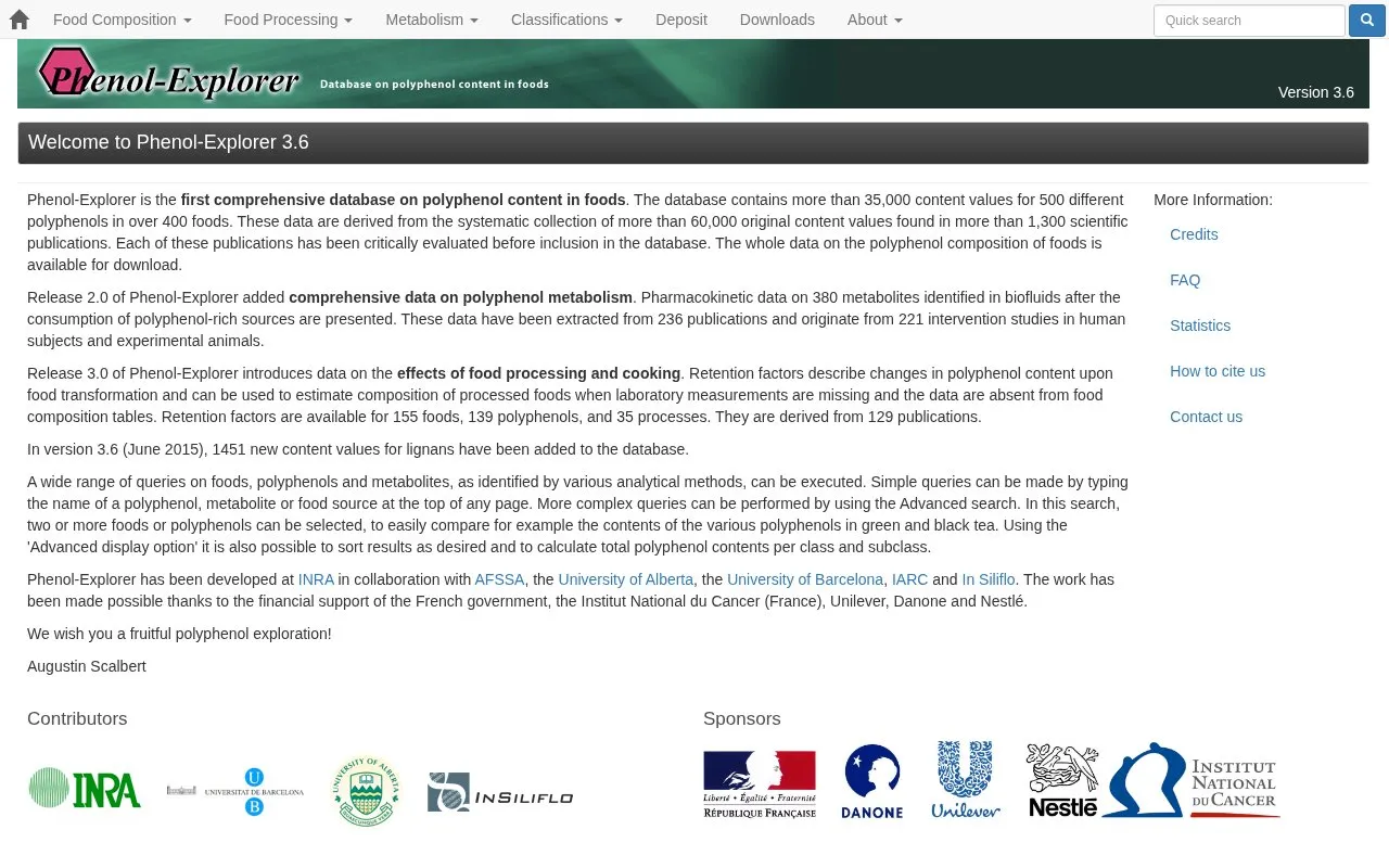 Phenol-Explorer homepage screenshot