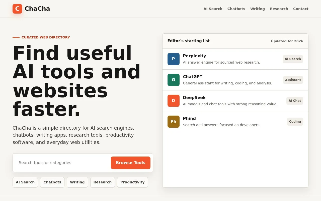 ChaCha homepage screenshot