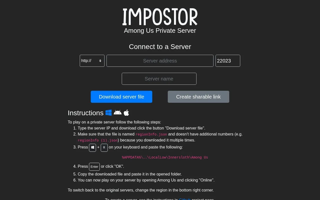 Impostor homepage screenshot