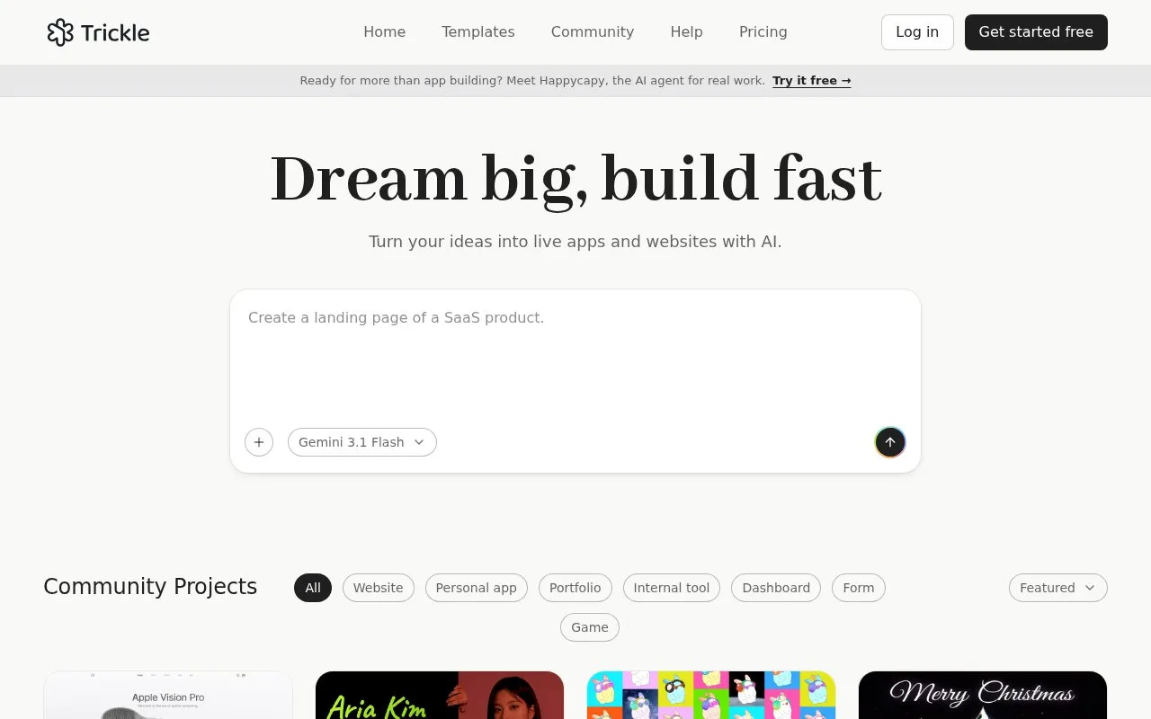 Trickle homepage screenshot