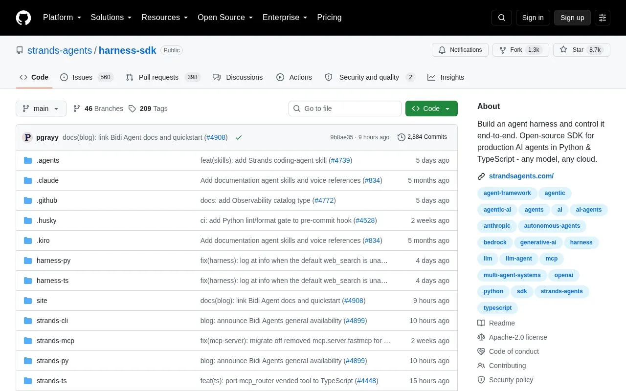 Strands Agents SDK homepage screenshot