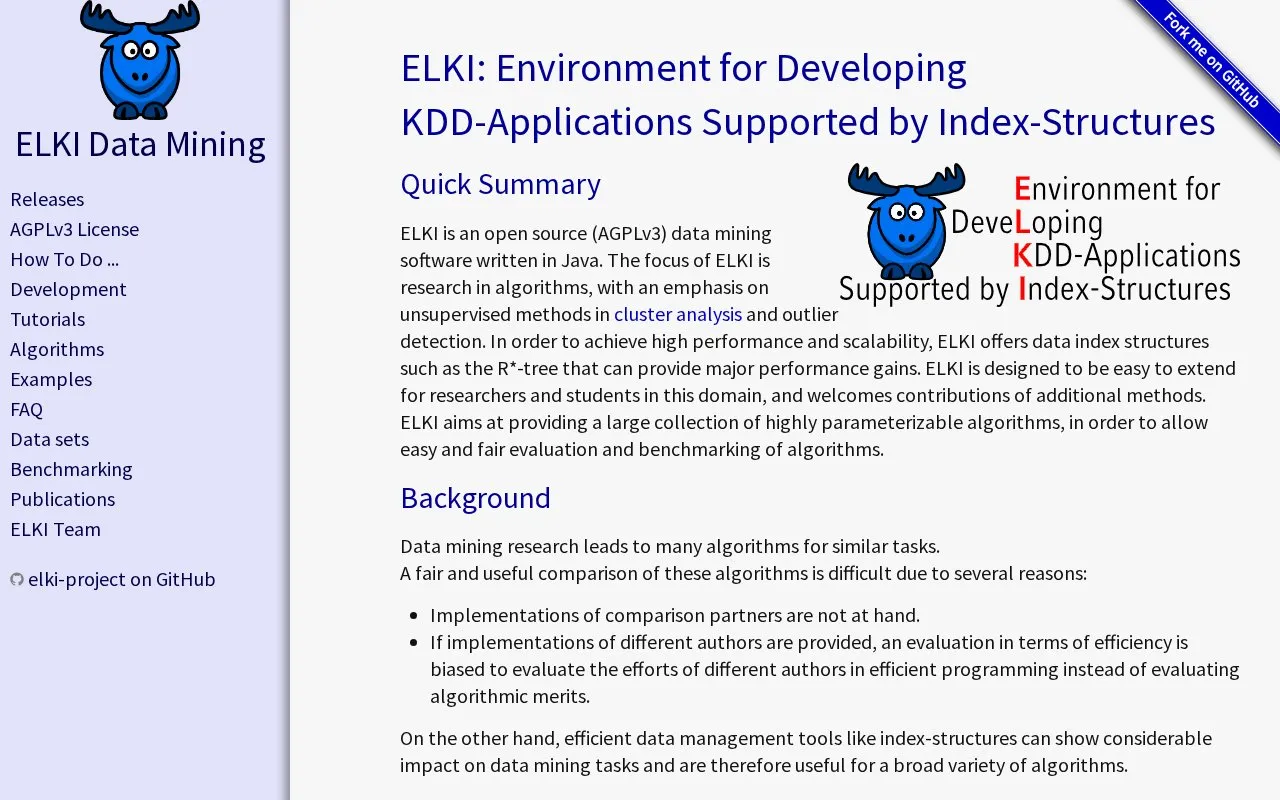 ELKI homepage screenshot