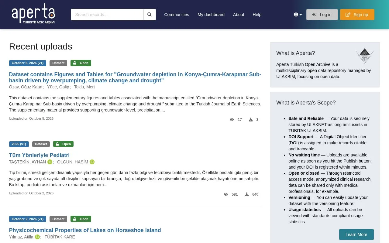 Aperta Turkey Open Archive homepage screenshot