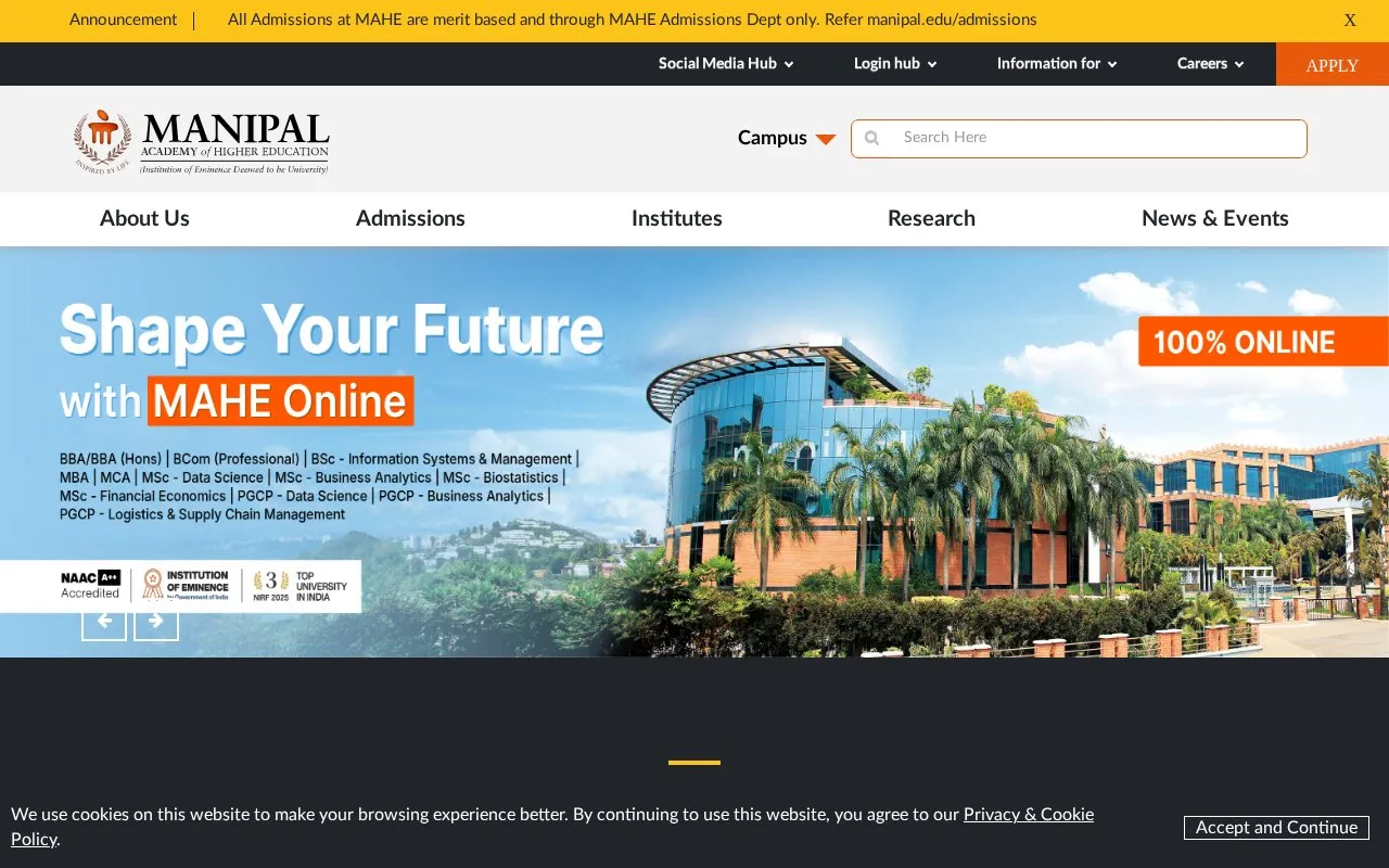 Manipal Academy of Higher Education, India homepage screenshot