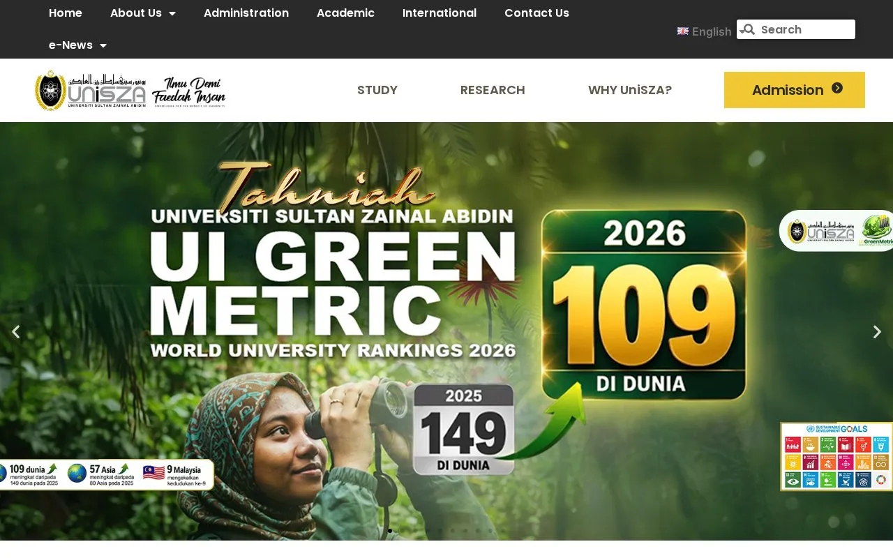 Sultan Zainal Abidin University homepage screenshot