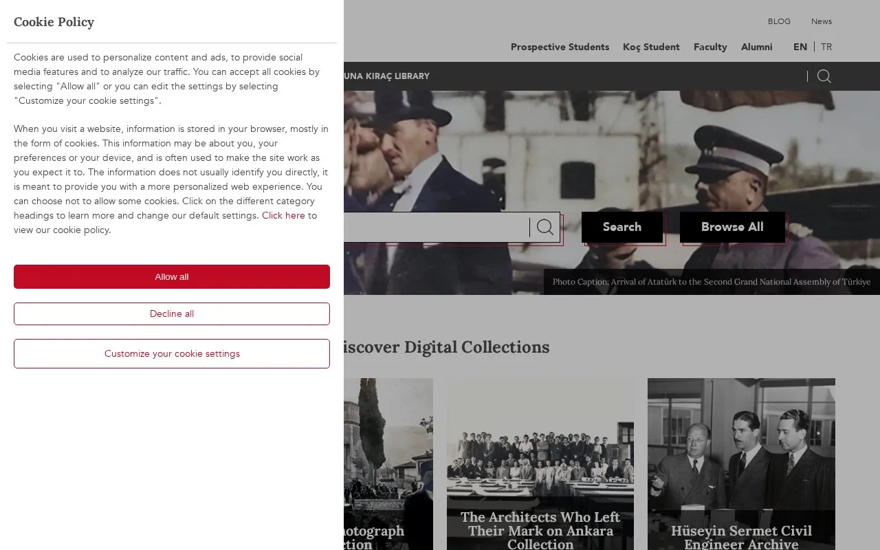 Koç University Digital Collections homepage screenshot