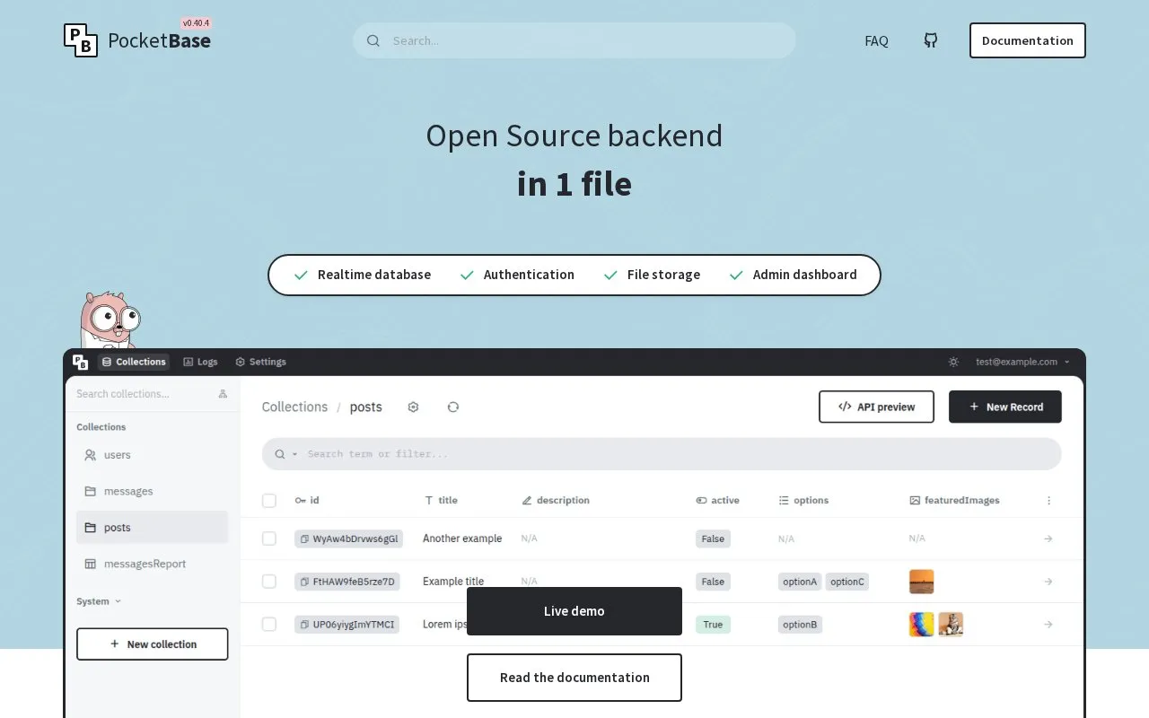PocketBase homepage screenshot