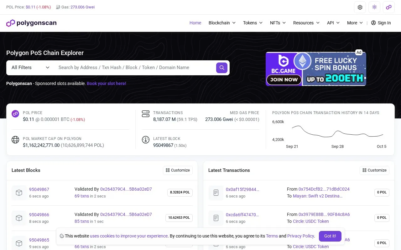 Polygon Mainnet — polygonscan homepage screenshot
