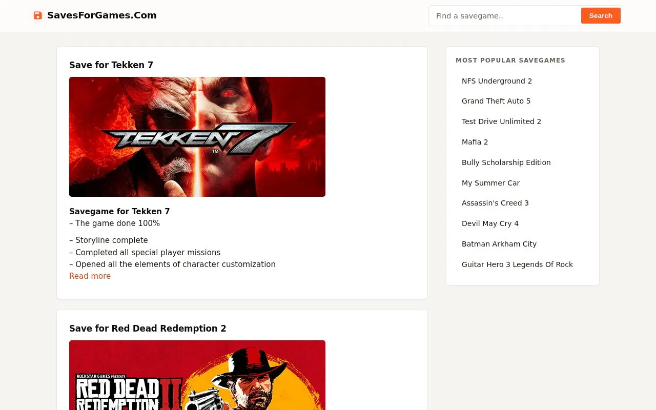 Saves For Games homepage screenshot
