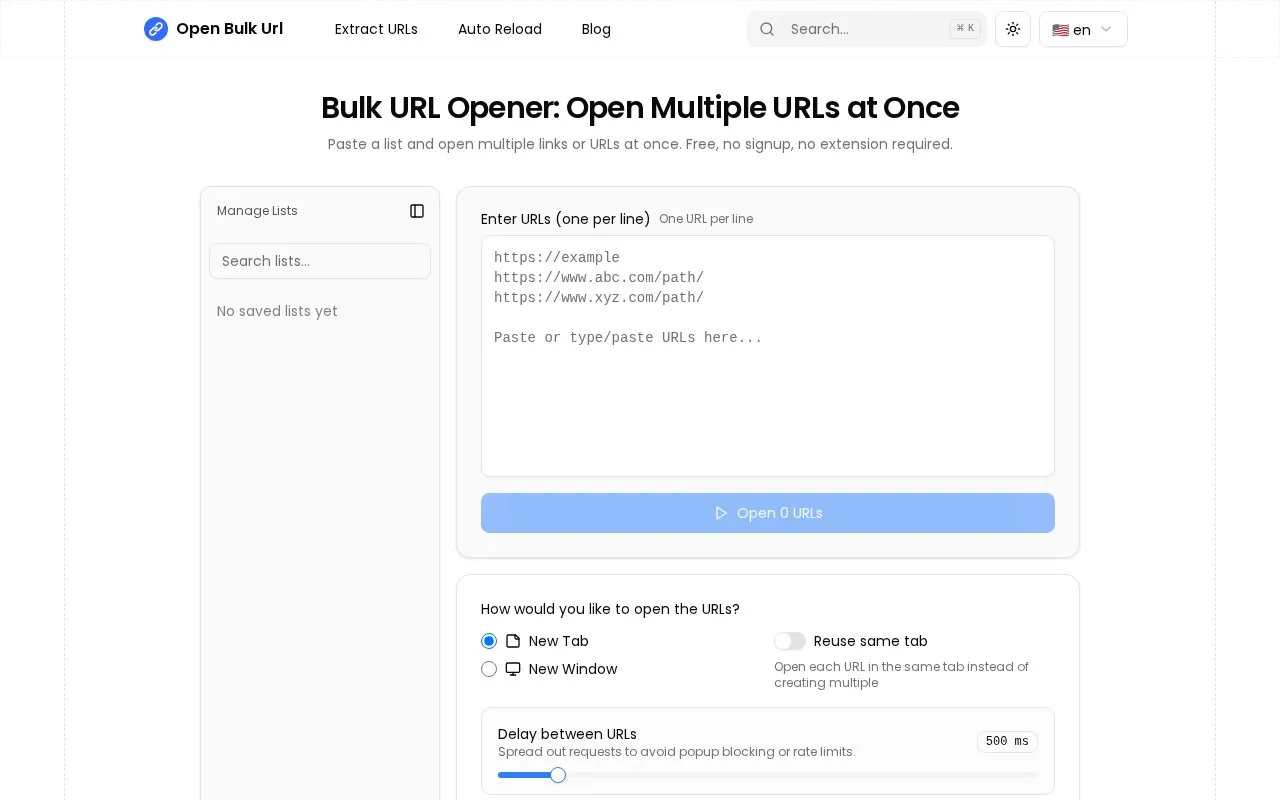 Open Bulk Url homepage screenshot