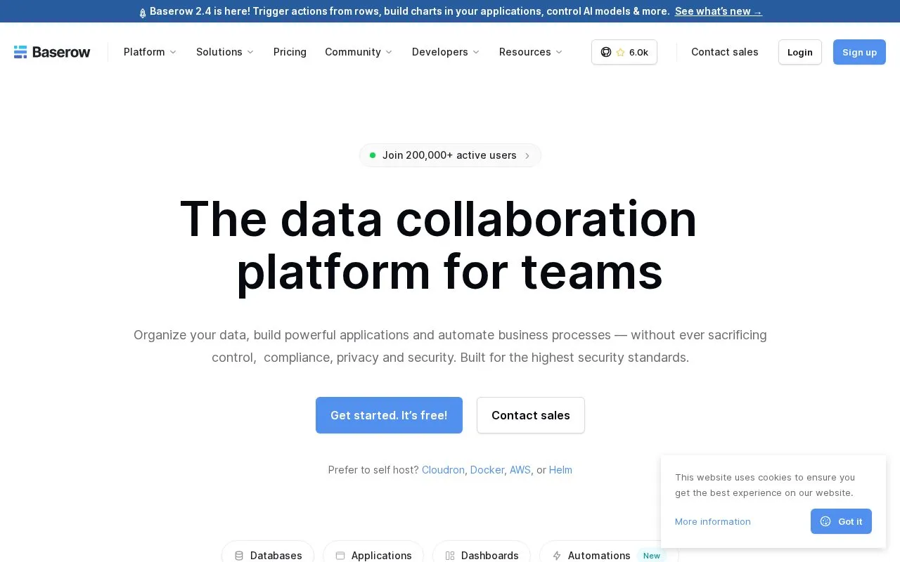 Baserow homepage screenshot