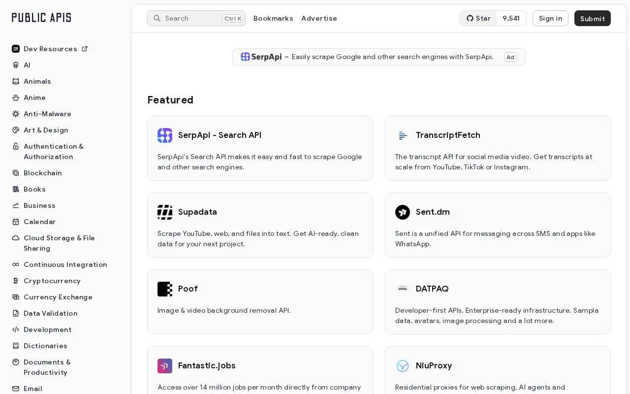 Public APIs homepage screenshot