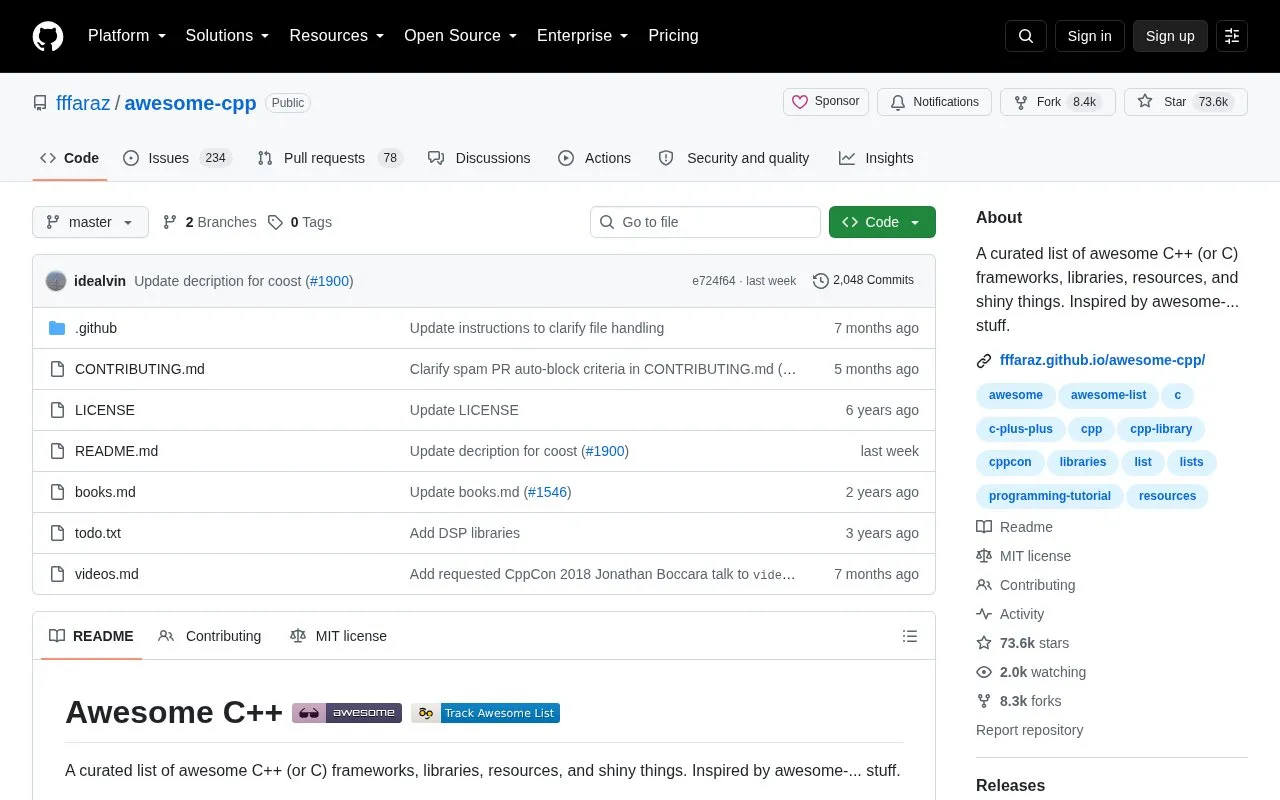 Awesome C++ homepage screenshot