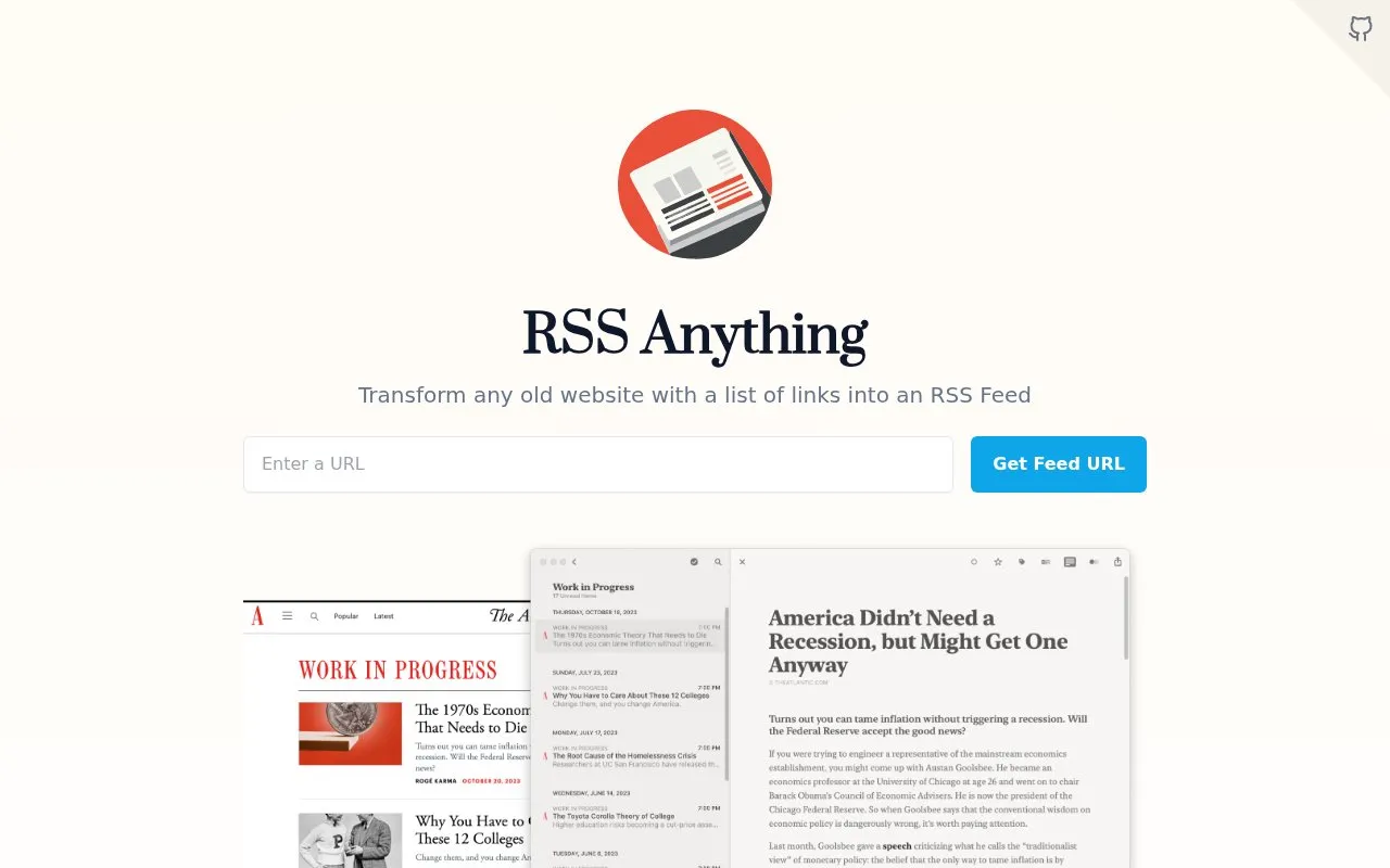 RSS Diffbot homepage screenshot