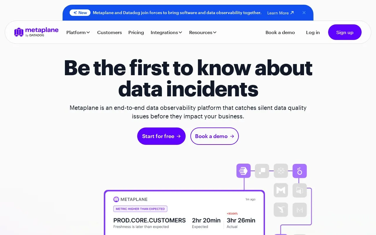 Metaplane homepage screenshot