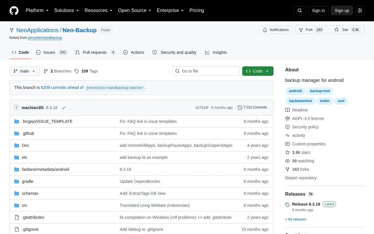 Neo Backup homepage screenshot