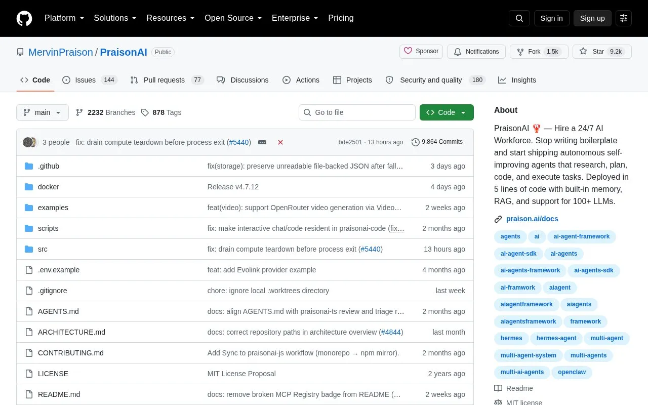 MervinPraison/PraisonAI homepage screenshot