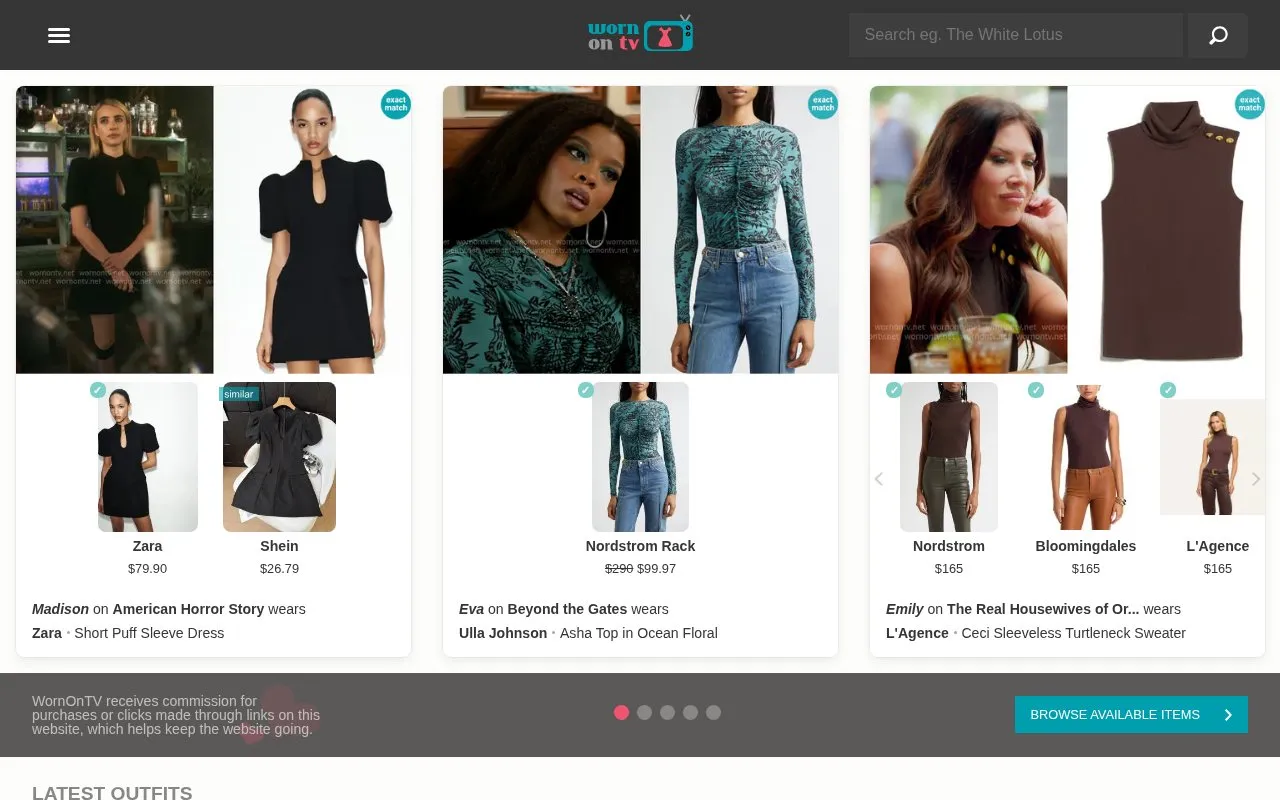 WornOnTV homepage screenshot