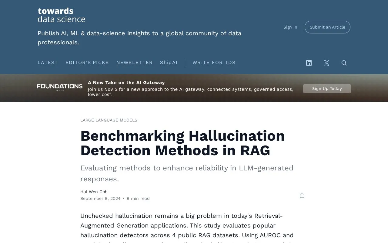 Benchmarking Hallucination Detection Methods in RAG Towards Data Science homepage screenshot