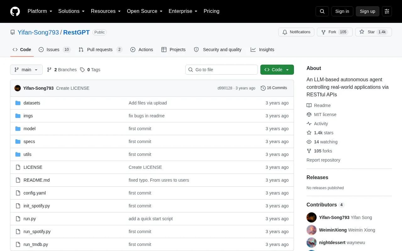 RestGPT homepage screenshot
