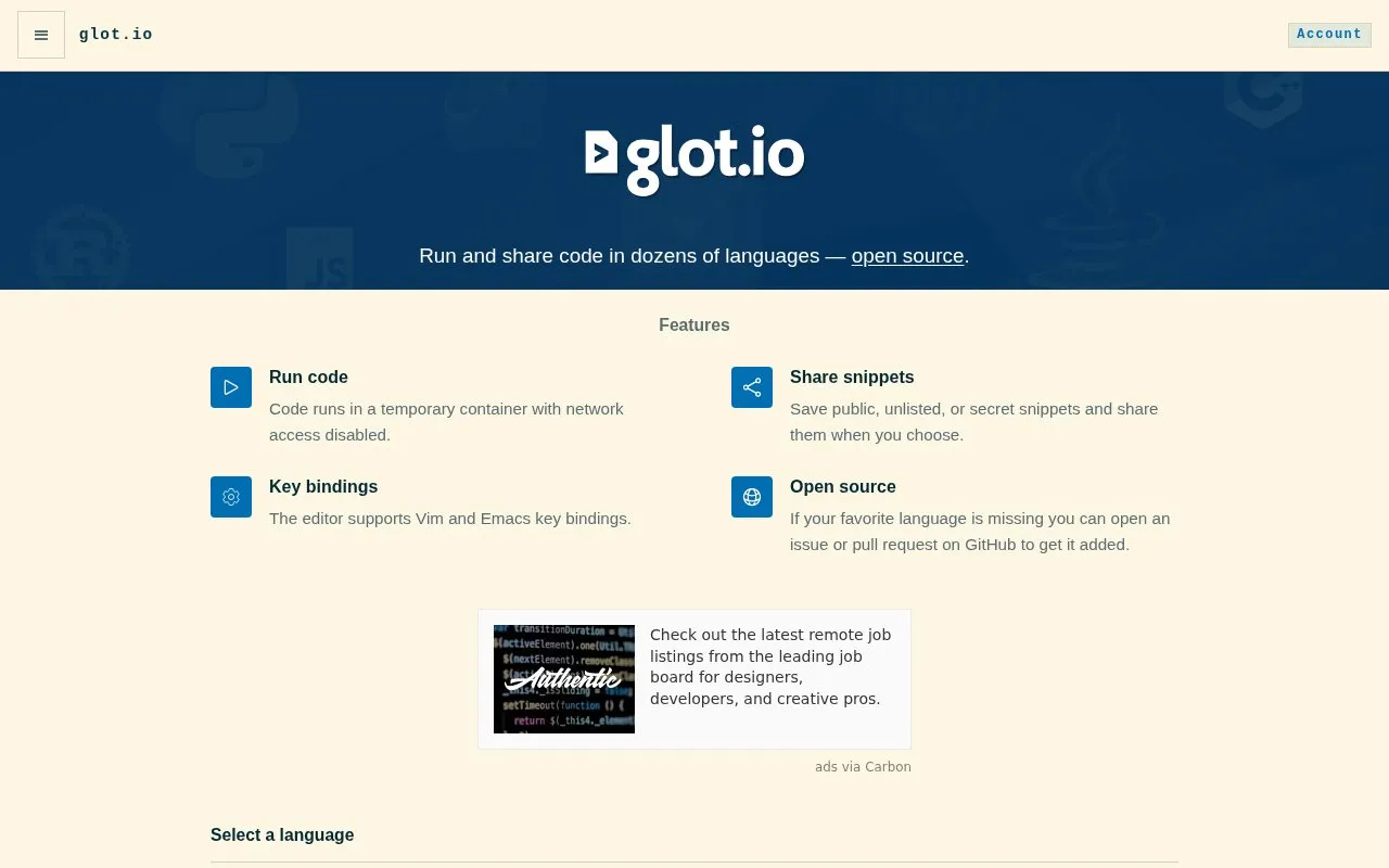 glot.io homepage screenshot