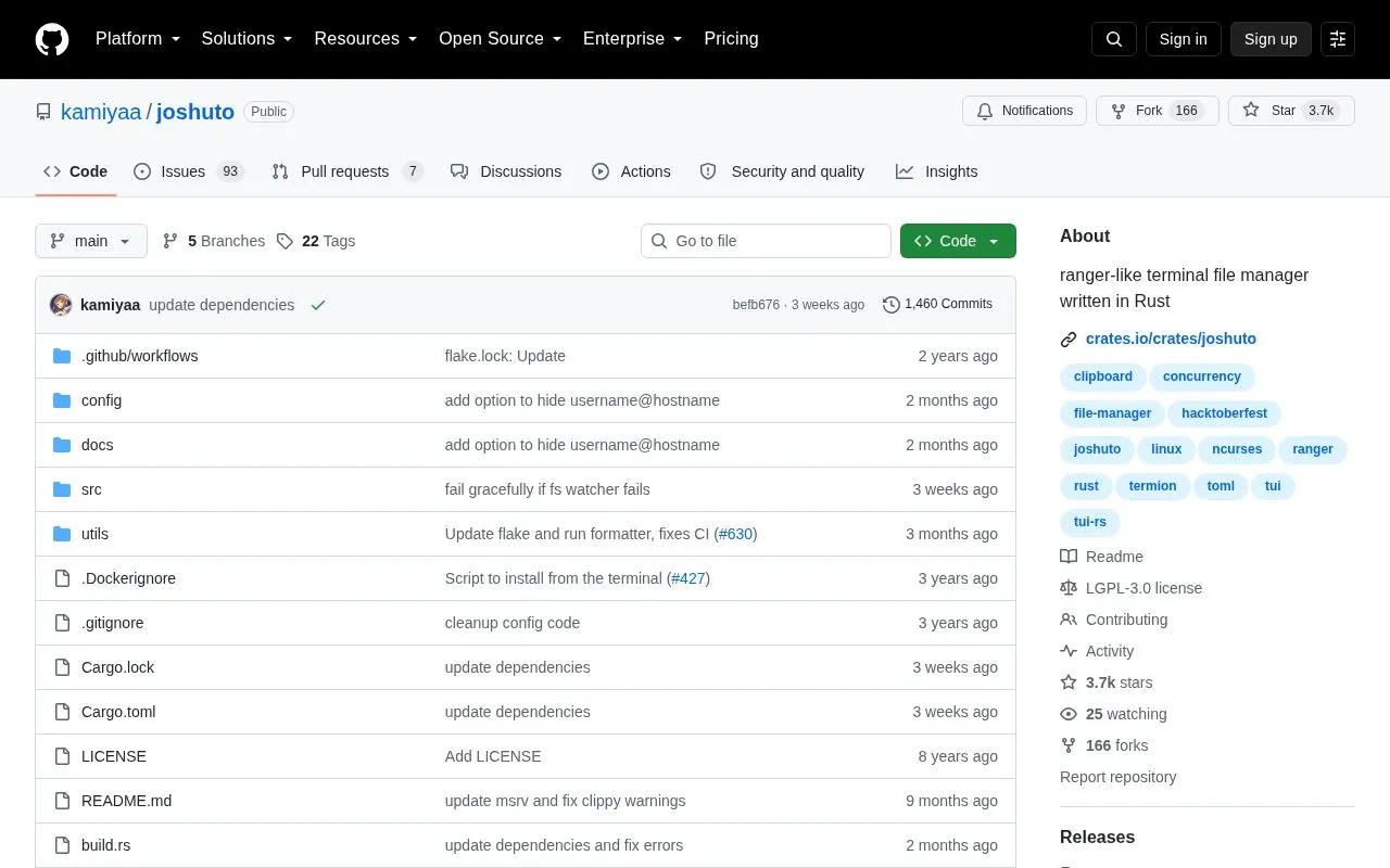 Joshuto homepage screenshot