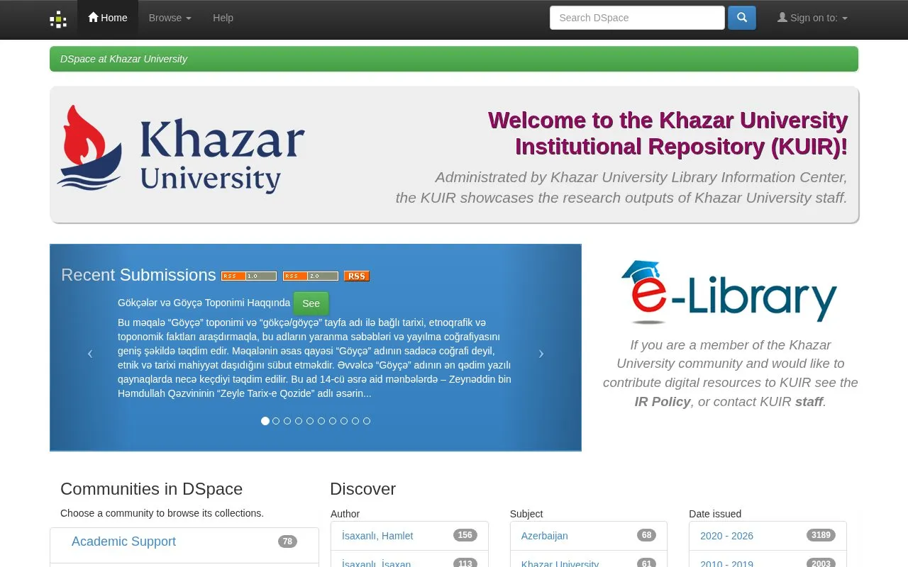 Khazar University Institutional Repository homepage screenshot