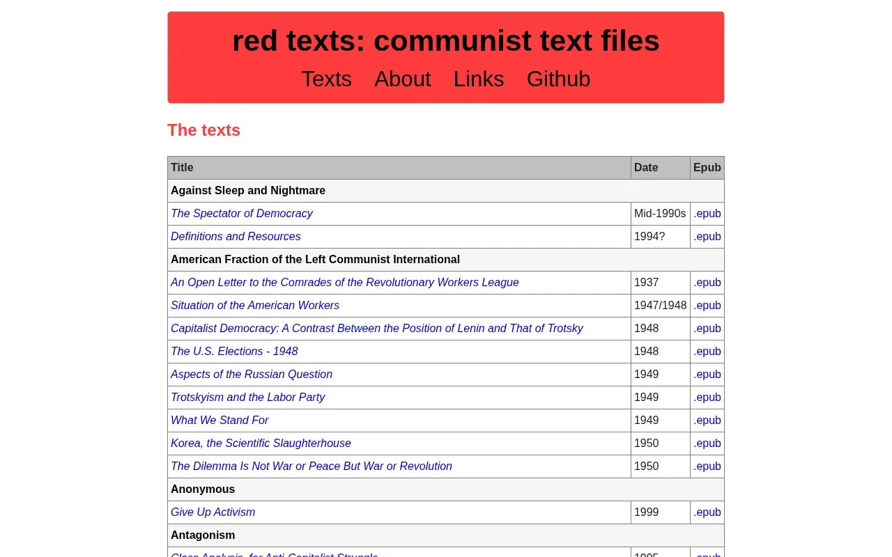 Red Texts homepage screenshot