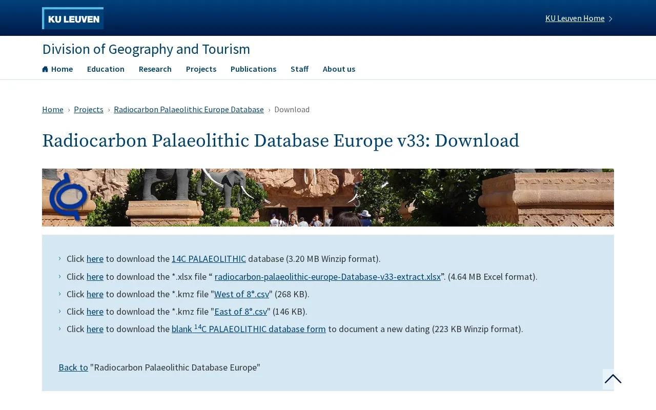 Radiocarbon Palaeolithic Europe Database homepage screenshot