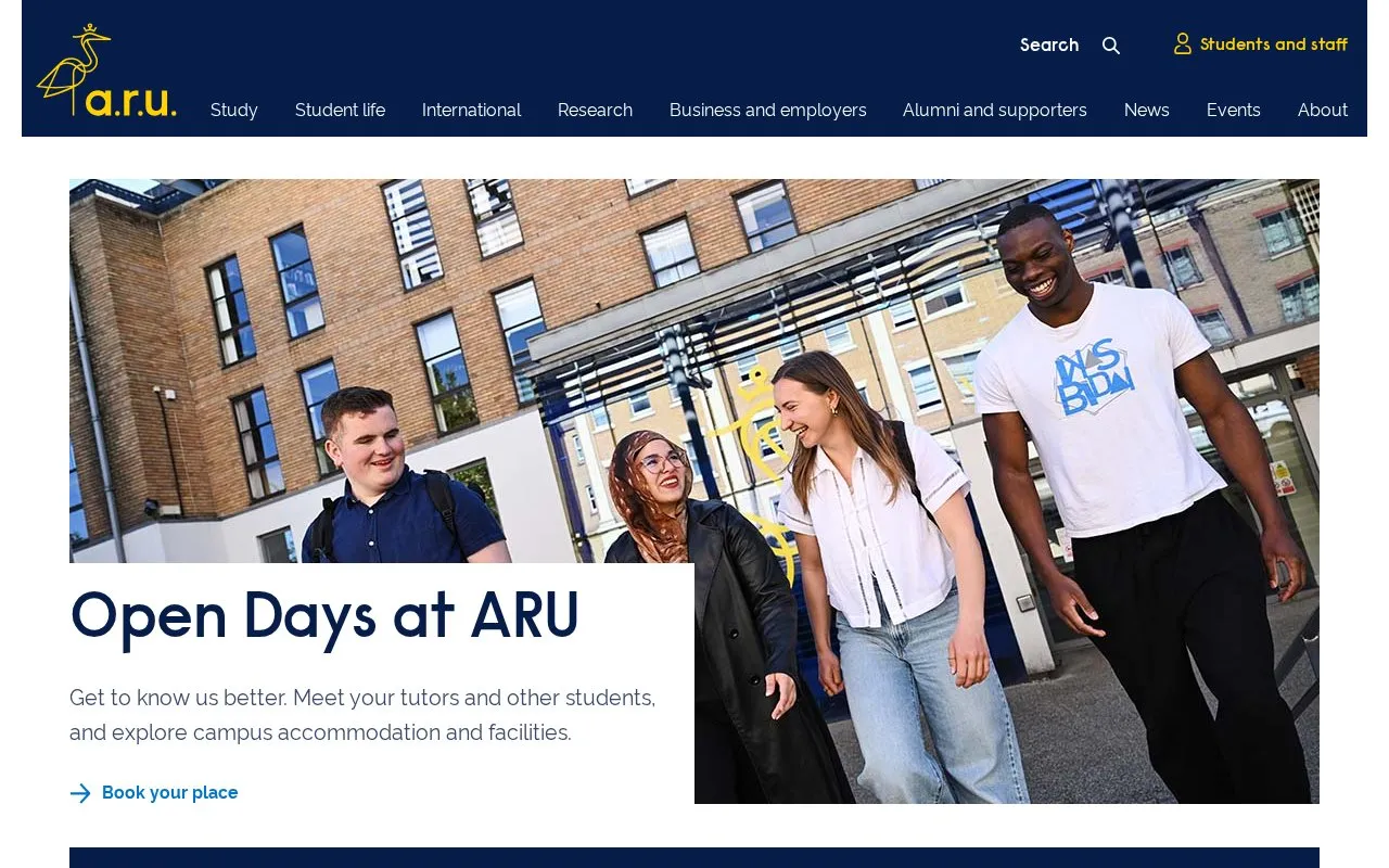 Anglia Ruskin University homepage screenshot