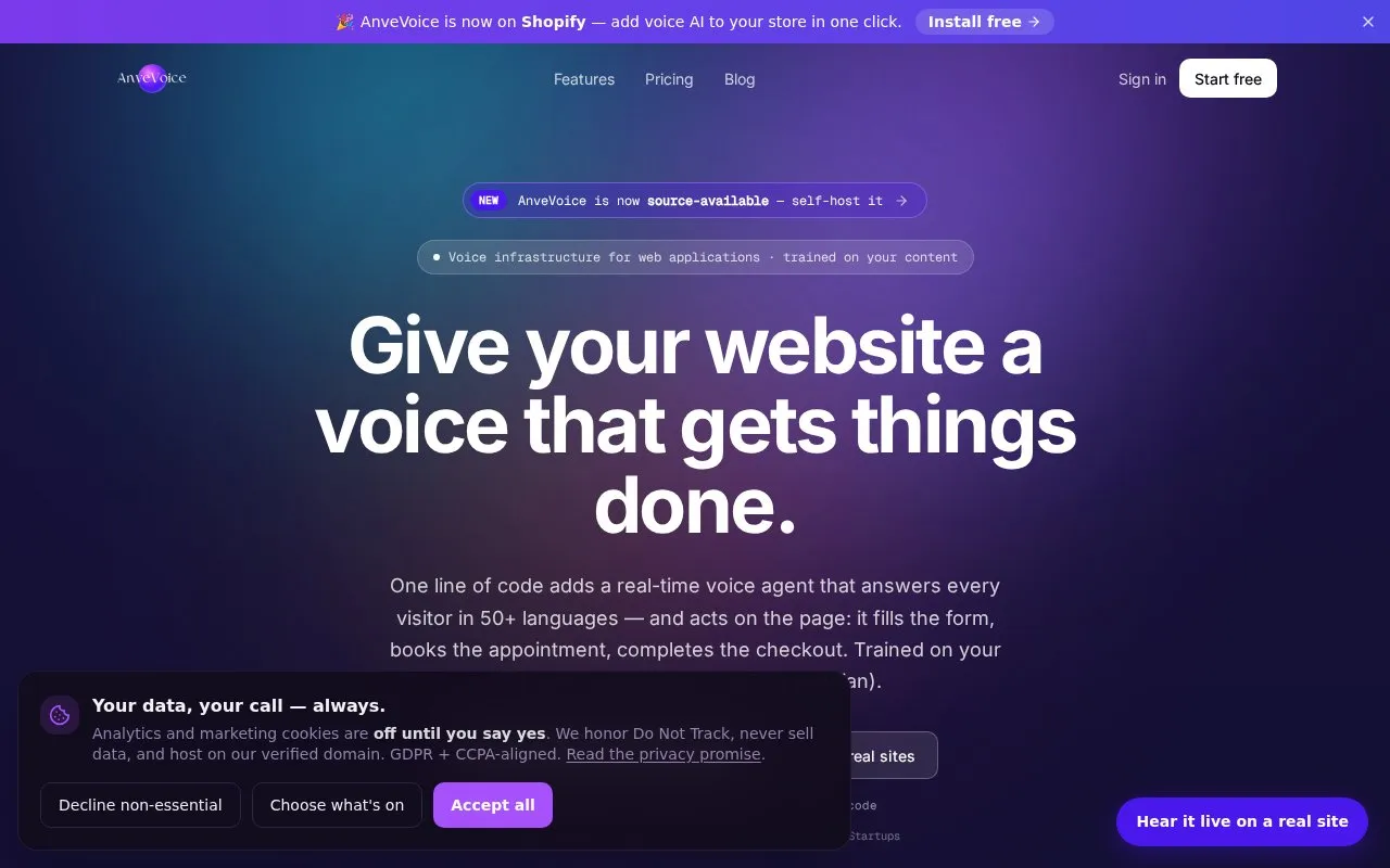 AnveVoice homepage screenshot