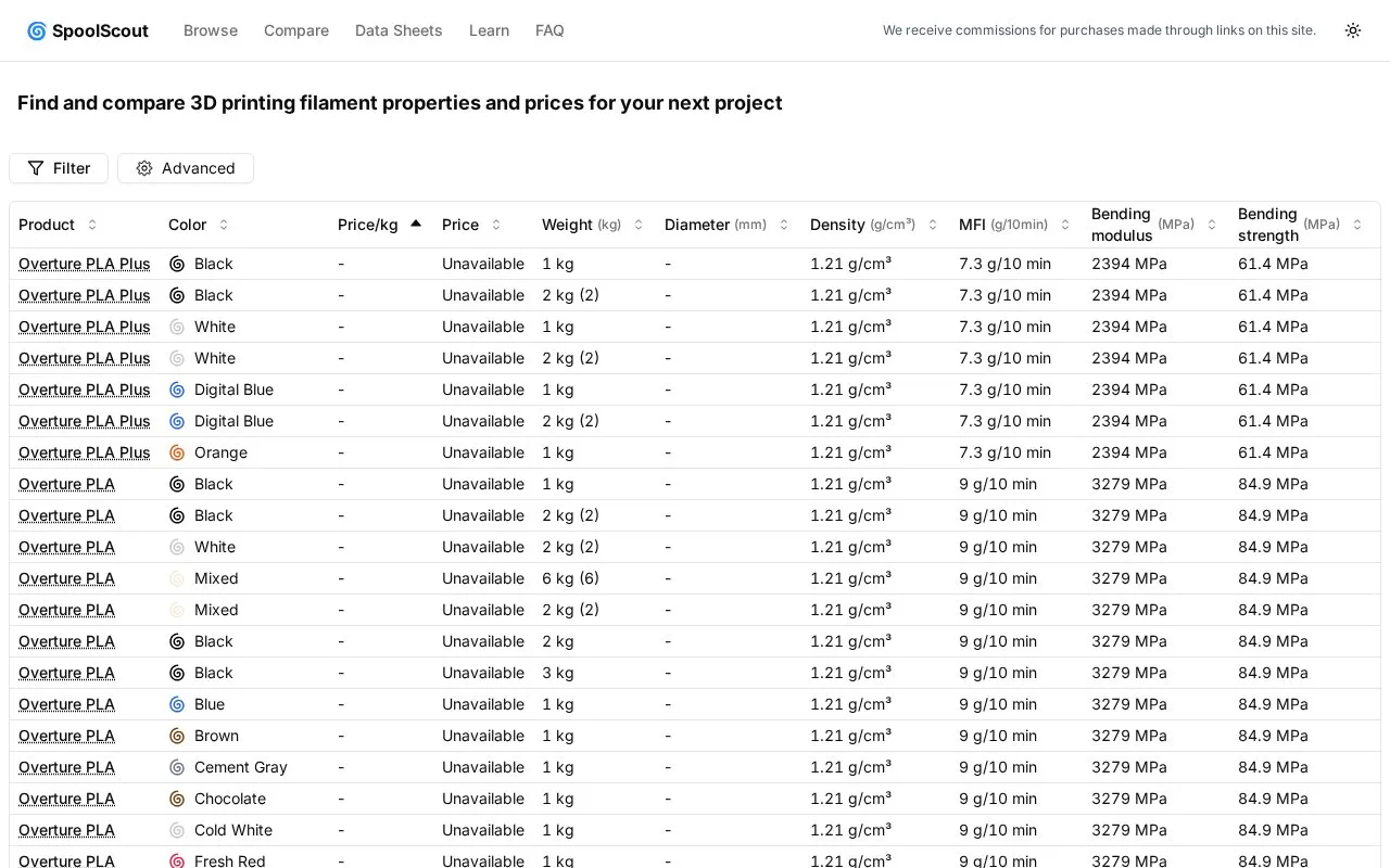SpoolScout homepage screenshot