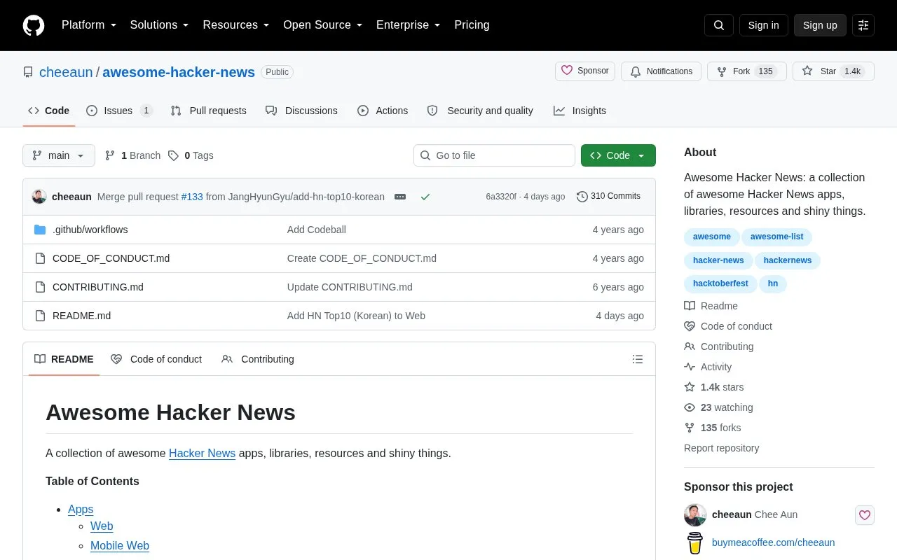 Awesome Hacker News homepage screenshot