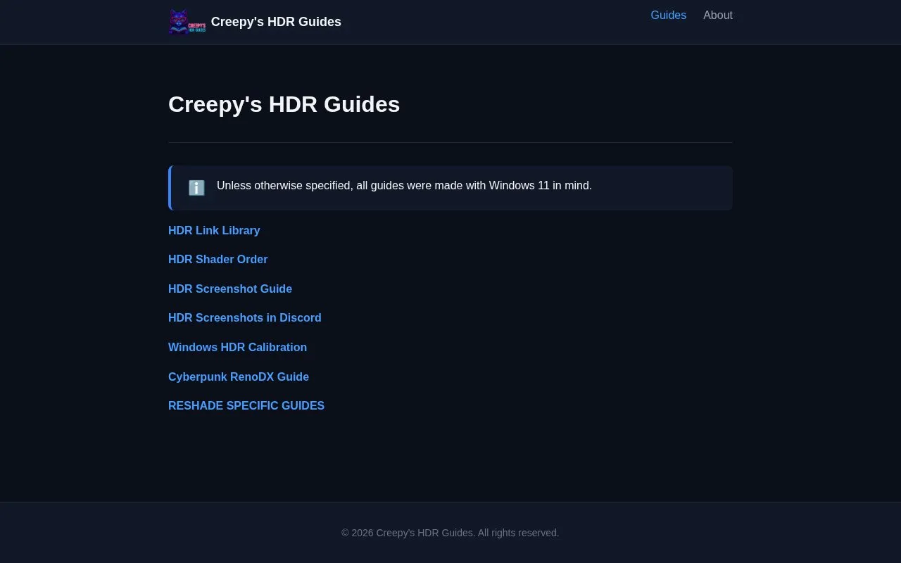 Creepy's HDR Guides homepage screenshot