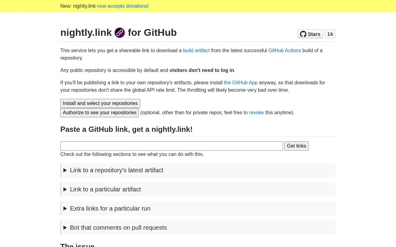 Nightly.link homepage screenshot