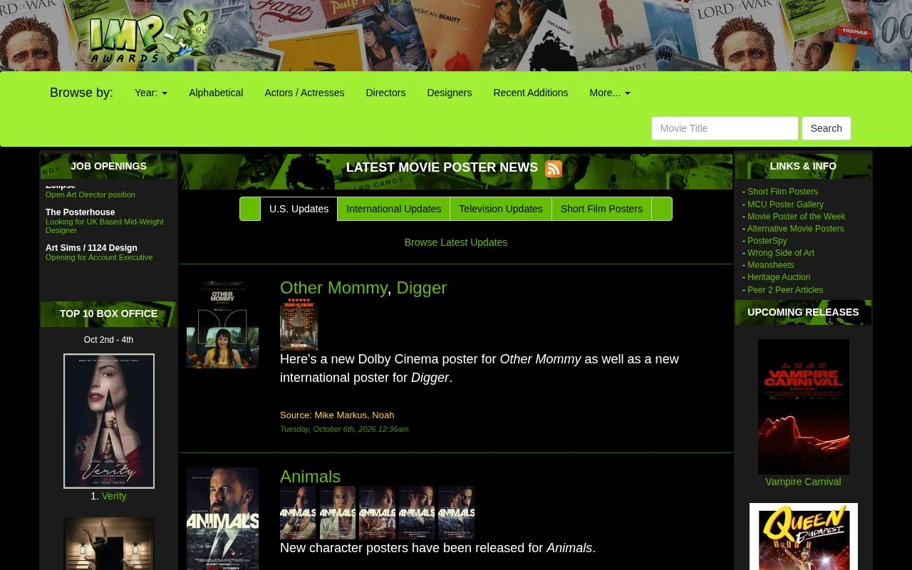 IMP Awards homepage screenshot