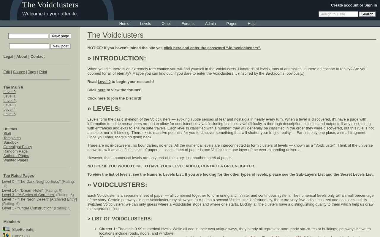 The Voidclusters homepage screenshot