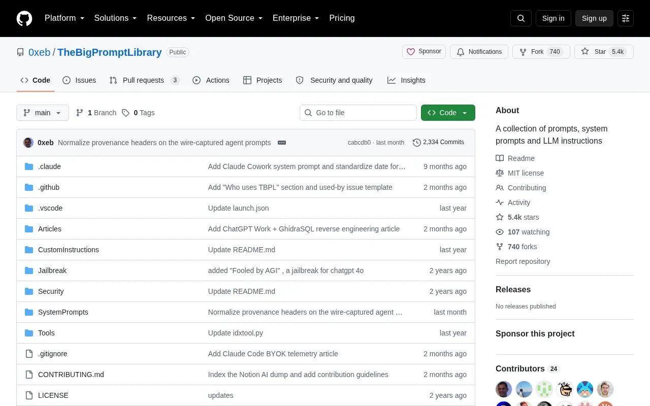 The Big Prompt Library homepage screenshot