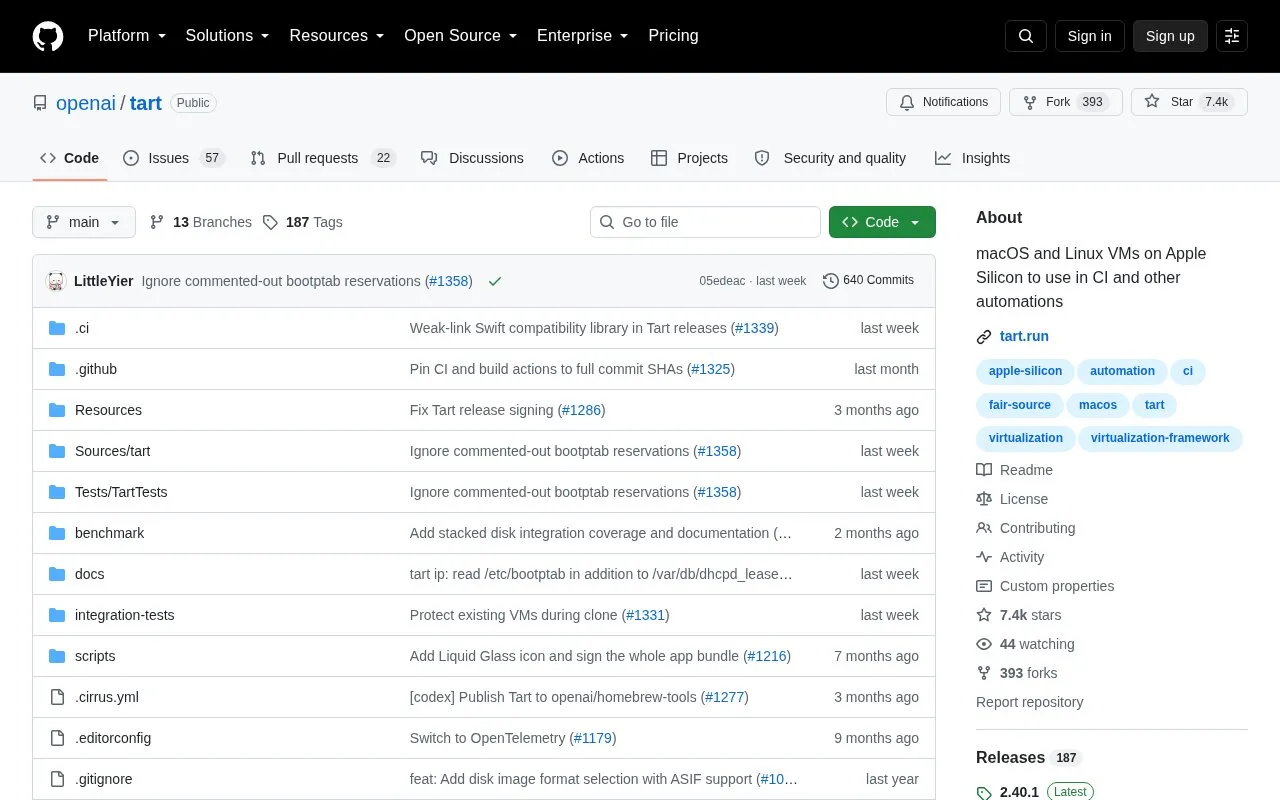 Tart homepage screenshot