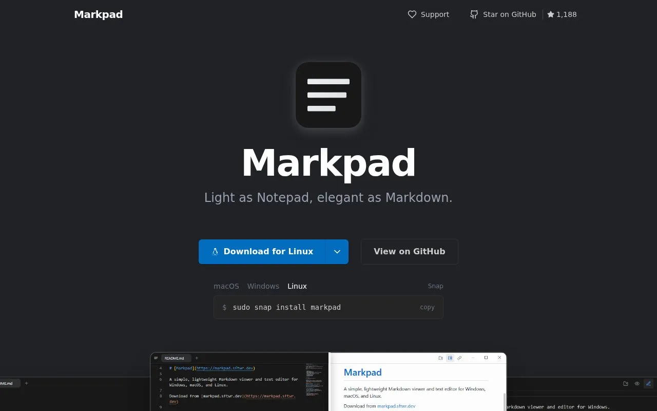 Markpad homepage screenshot