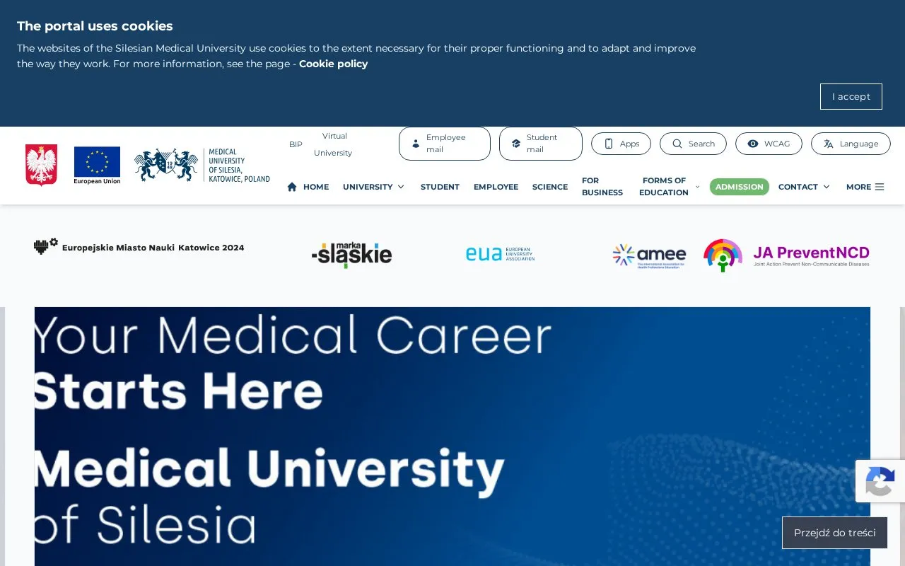 Medical University of Silesia homepage screenshot
