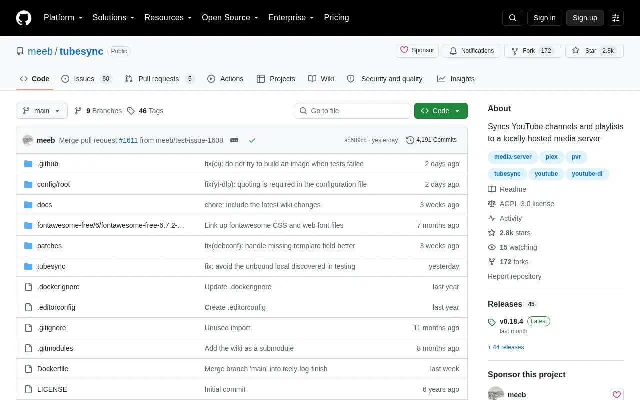 TubeSync homepage screenshot