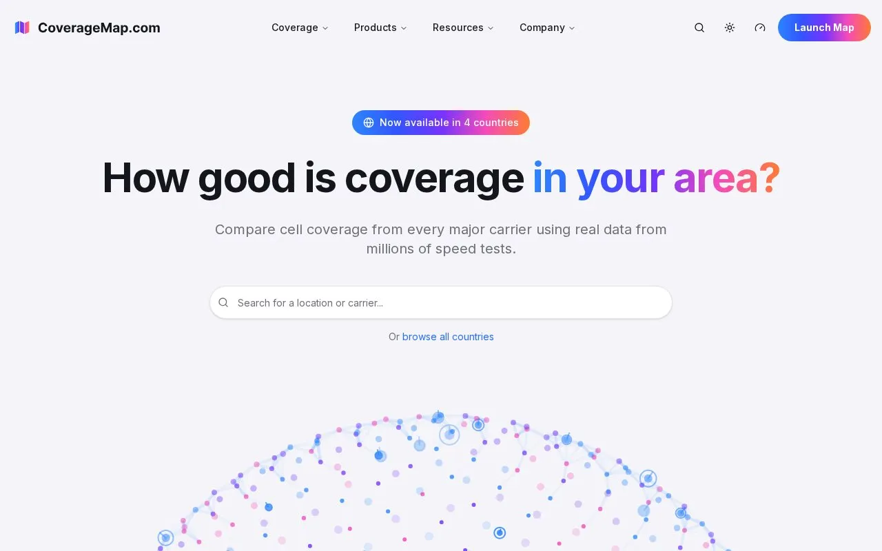 CoverageMap homepage screenshot